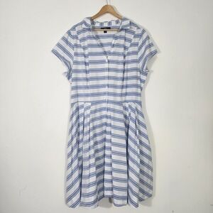 Ellos Blue White Stripe Cotton Shirt Dress Coastal Nautical Pockets 1X preppy